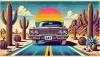 A retro car with a license plate reading "GAY" drives through a desert landscape with cacti, mountains, and a rainbow sunset.