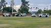 A group of police officers stand in front of 5 police vehicles in a park setting. 