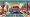 A retro car with a license plate reading "GAY" drives through a desert landscape with cacti, mountains, and a rainbow sunset.